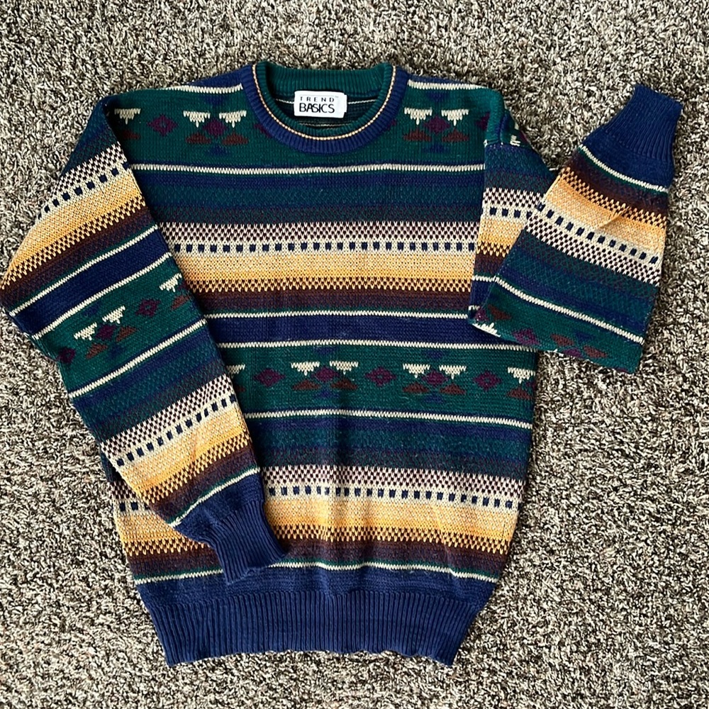 Trend Basics Vintage 70’s Grandpa Colorful Boho Knit Chunky Sweater, Size